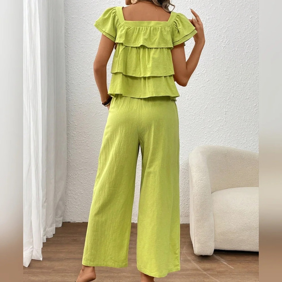 Solid Square Neck Top And Straight Pants Summer Casual Set - Picture 5 of 6